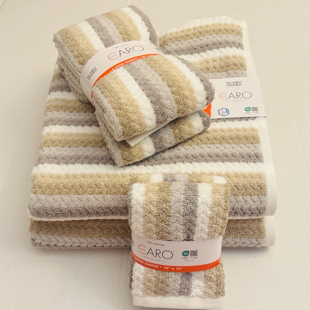 6pc CARO HOME 100% Zero Twist Cotton Stripe Bath Towel Set - Beige Gray -Tiliana